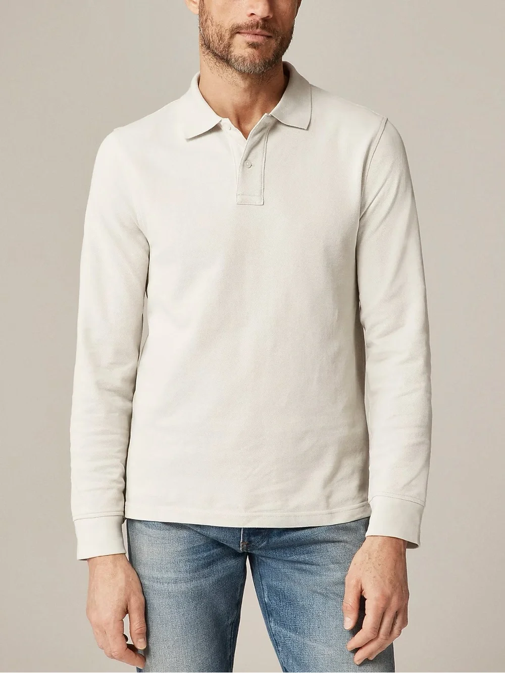 J. CREW Long-sleeve classic piqué polo shirt in Stone Size L NWD $89.50 BJ304